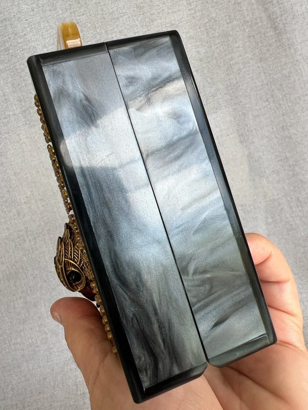 Kurt Geiger Kensington safety pin box clutch on chain gray mother of pearl NWT